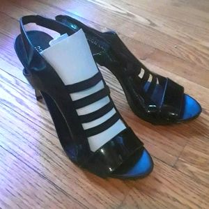 2/$25 Design Lab Black shiny vinyl stiletto cage heels